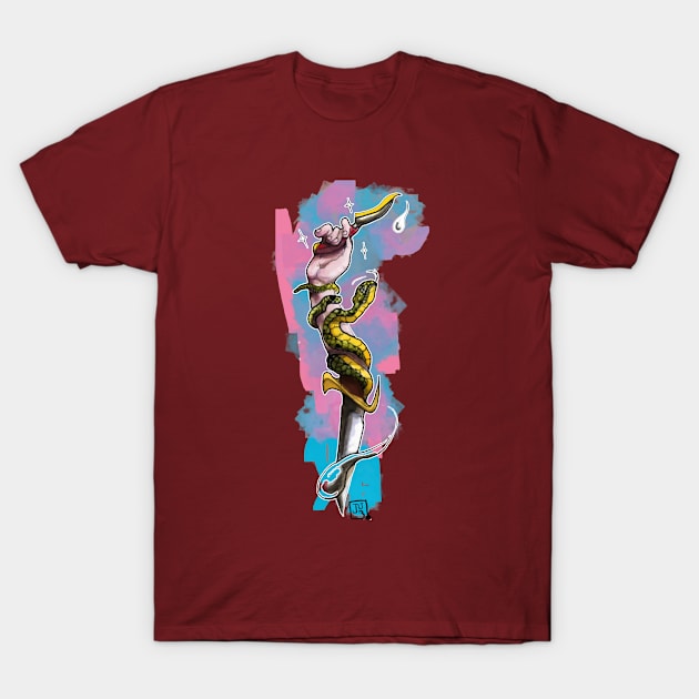 neo traditional knife and hand and snake on pop background T-Shirt by Jub 